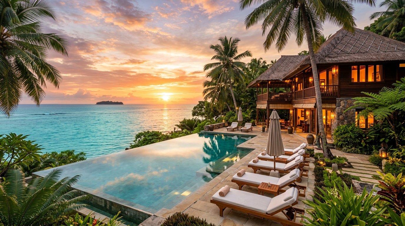 Illuminated tropical villa with infinity pool overlooking the ocean at sunset